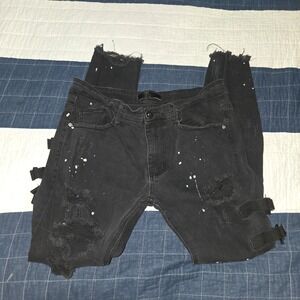 KDNK Men's  36 Black Distressed Paint Splatter Skinny Jeans Punk Streetwear
